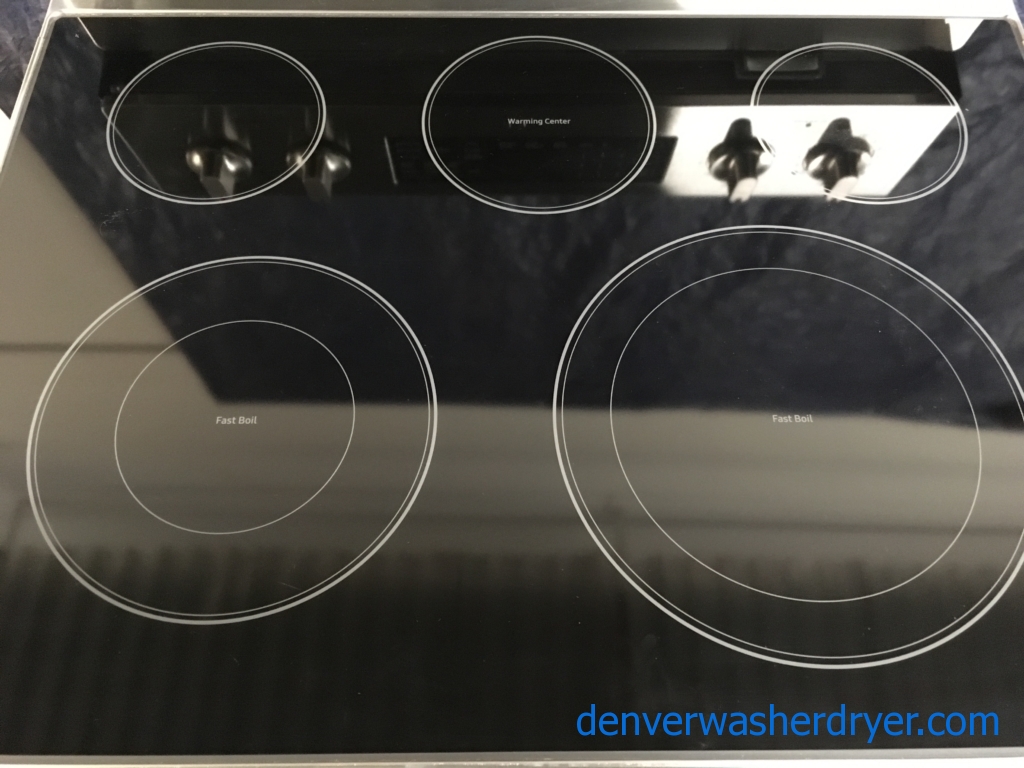 BRAND-NEW Stainless Samsung Glass-Top 30″ Free-Standing Self-Cleaning Convection Electric Range, 1-Year Warranty