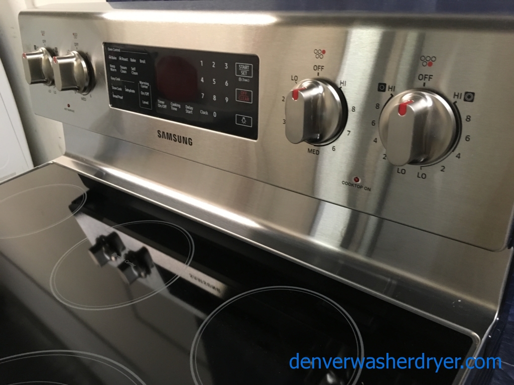 BRAND-NEW Stainless Samsung Glass-Top 30″ Free-Standing Self-Cleaning Convection Electric Range, 1-Year Warranty