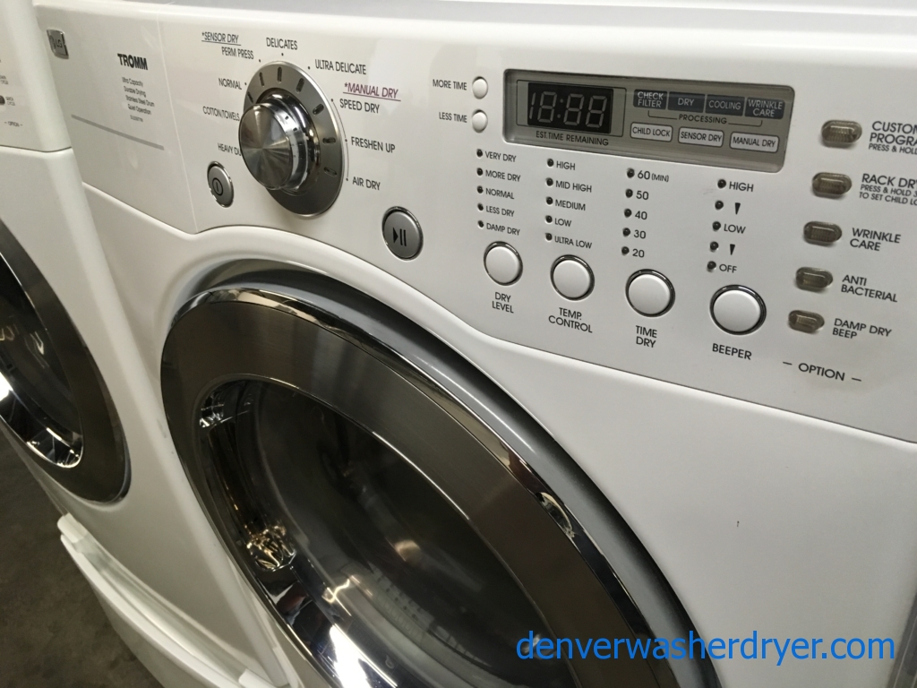27″ Quality Refurbished LG HE Front-Load Stackable Direct-Drive Washer & Electric Dryer, 1-Year Warranty
