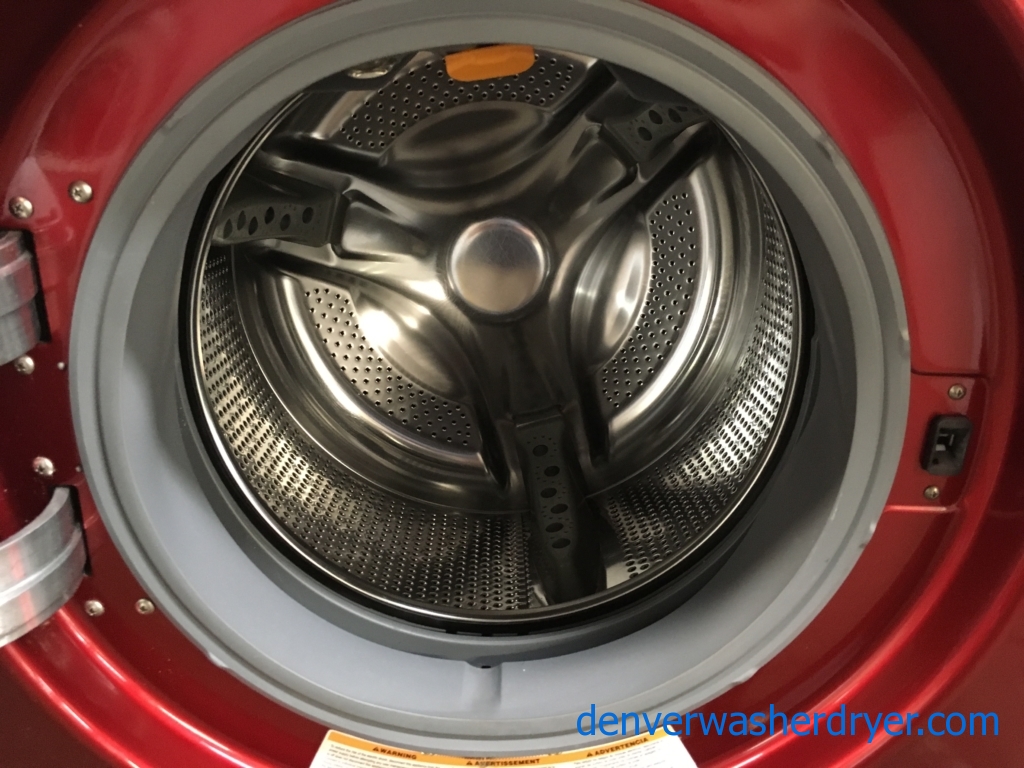 Quality Refurbished Wild-Cherry Colored 27″ LG Stackable Front-Load Direct-Drive HE Steam-Washer & Electric Steam-Dryer w/Pedestals, 1-Year Warranty