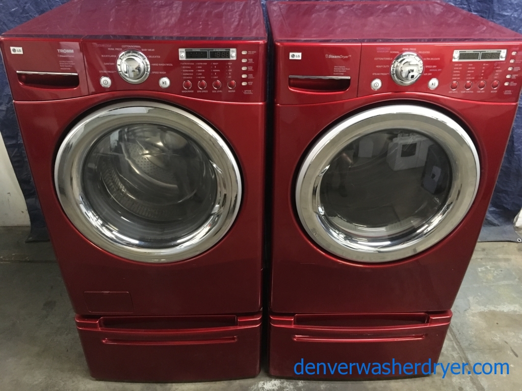 Quality Refurbished Wild-Cherry Colored 27″ LG Stackable Front-Load Direct-Drive HE Steam-Washer & Electric Steam-Dryer w/Pedestals, 1-Year Warranty