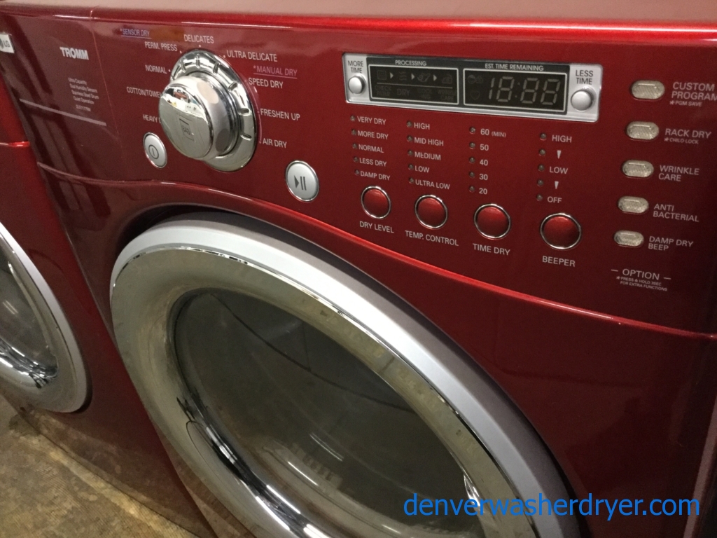 Quality Refurbished Wild-Cherry Colored 27″ LG Stackable Front-Load Direct-Drive HE Steam-Washer & Electric Dryer, 1-Year Warranty
