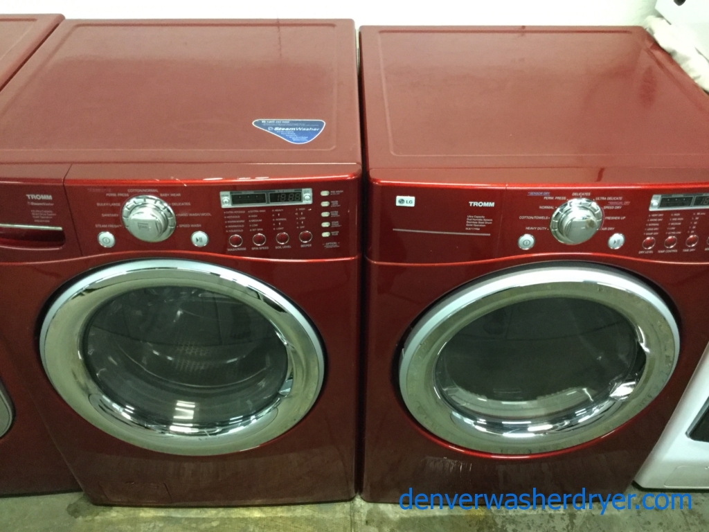 Quality Refurbished Wild-Cherry Colored 27″ LG Stackable Front-Load Direct-Drive HE Steam-Washer & Electric Dryer, 1-Year Warranty