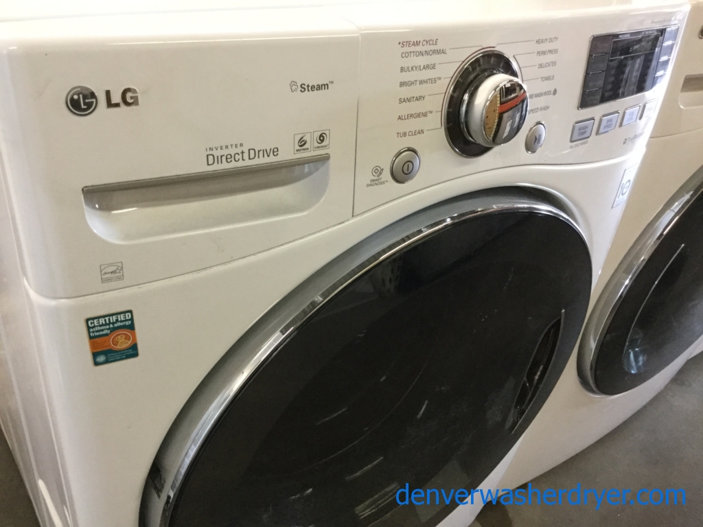 White LG Stackable Front-Load Set, Steam/Sanitary Washer, Steam Electric Dryer, Newer Models, Quality Refurbished!