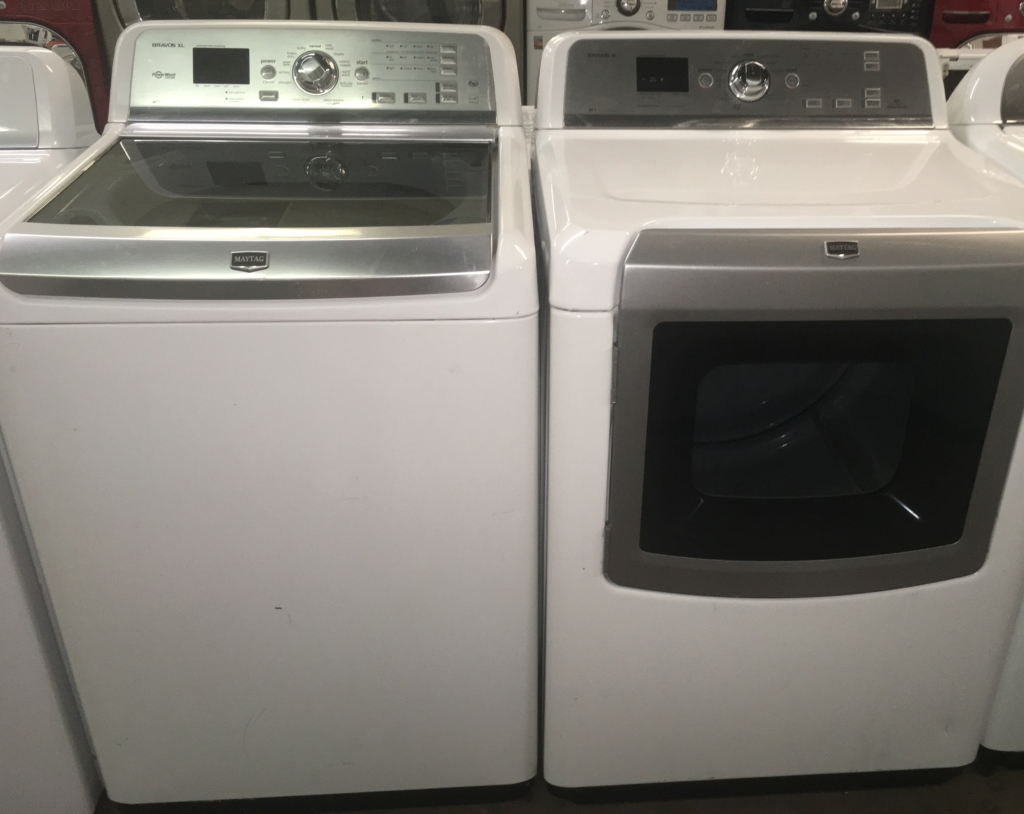 Maytag Bravos 28″ X-L HE Top-Load Washer & HE Electric Dryer w/Sensor-Dry, 1-Year Warranty