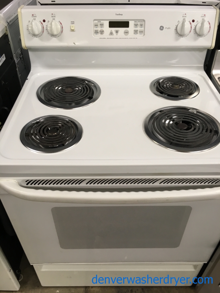 30″ Free-Standing White GE Profile Spectra Coil-Top Electric Range, 1-Year Warranty