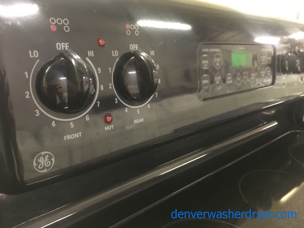 30″ Black GE Electric 4-Burner Glass-Top Stove|Oven, 1-Year Warranty