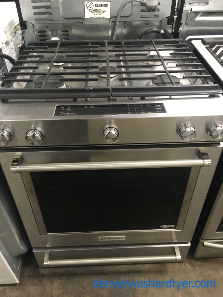 BRAND-NEW Stainless KitchenAid 30″ Slide-In *GAS* Self-Cleaning (7.1 Cu. Ft.) Range w/True Convection Oven, 1-Year Warranty, And Kitchen Aid Stainless Steel Dishwasher