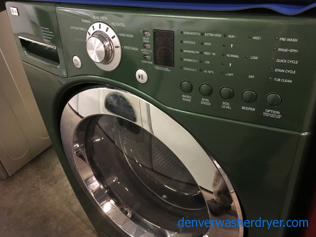 27″ Emerald Green LG Front-Load Stackable Direct-Drive Washer w/Sanitary & Electric Dryer, Quality Refurbished, 1 -Year Warranty