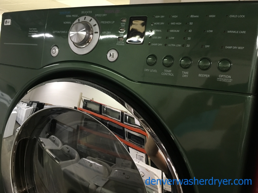 27″ Emerald Green LG Front-Load Stackable Direct-Drive Washer w/Sanitary & Electric Dryer, Quality Refurbished, 1 -Year Warranty