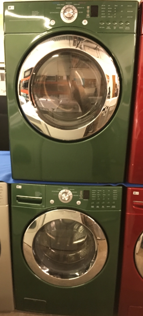 27″ Emerald Green LG Front-Load Stackable Direct-Drive Washer w/Sanitary & Electric Dryer, Quality Refurbished, 1 -Year Warranty