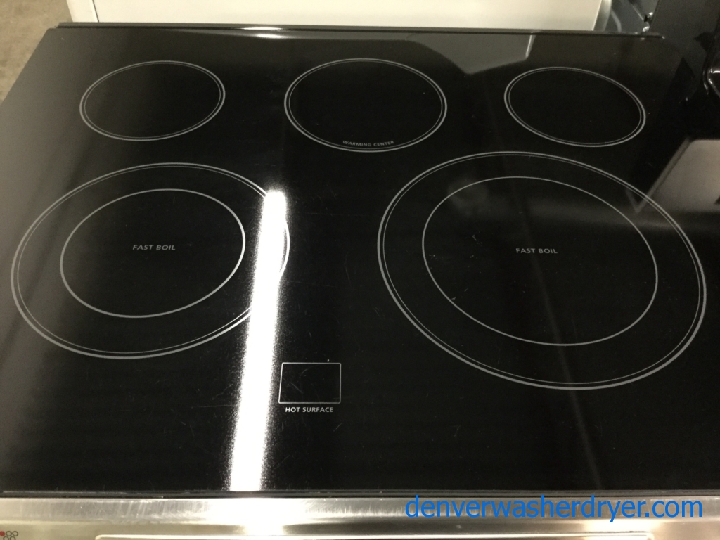 NEW! Stainless Slide-In Samsung Range, Glass-Top, Convection Oven, 30″, Sweet!