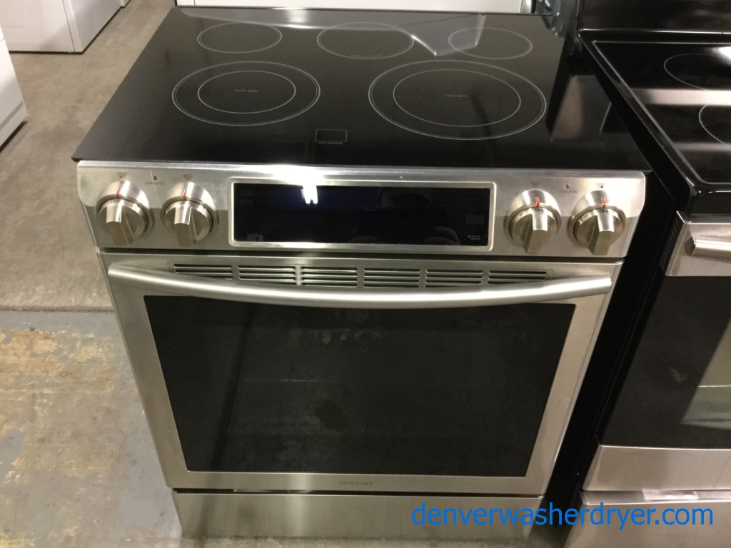 NEW! Stainless Slide-In Samsung Range, Glass-Top, Convection Oven, 30″, Sweet!