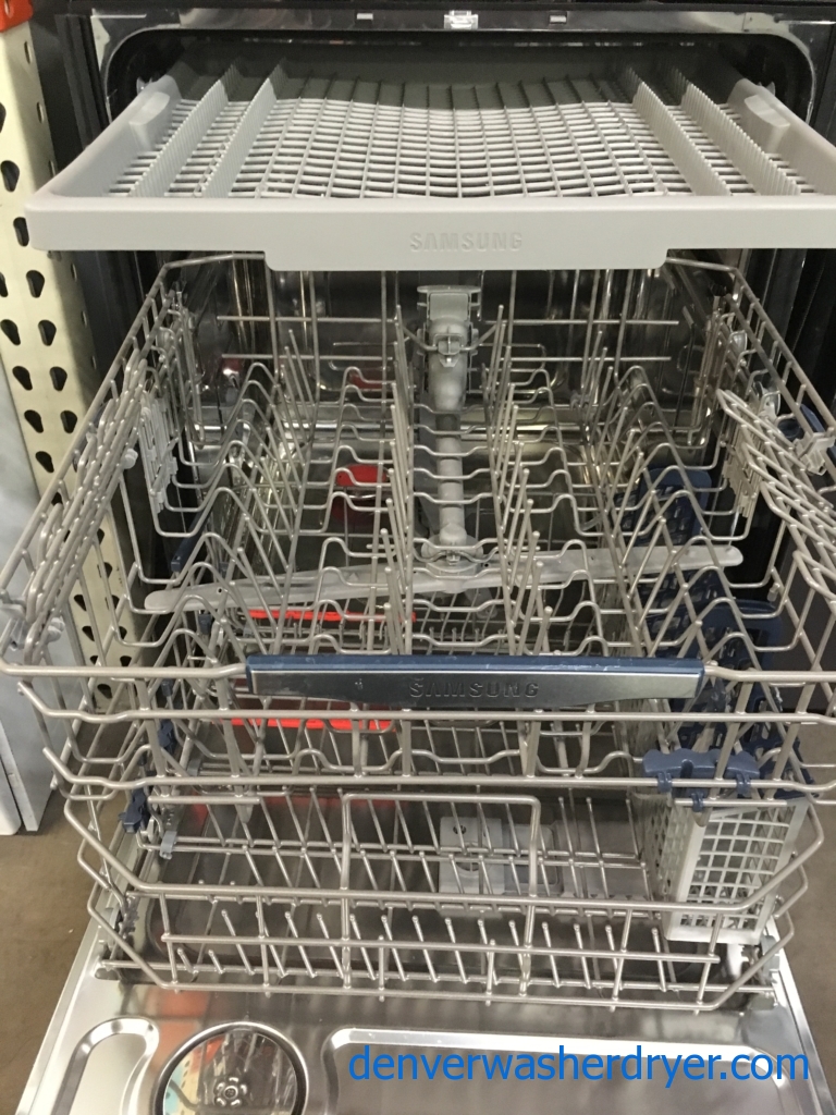 NEW! Black-Stainless Samsung Dishwasher, 3-Rack, 24″ Built-In, Hidden Control, Water Wall, 1-Year Warranty!