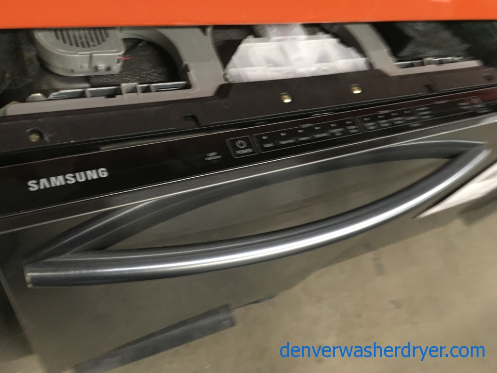 NEW! Black-Stainless Samsung Dishwasher, 3-Rack, 24″ Built-In, Hidden Control, Water Wall, 1-Year Warranty!