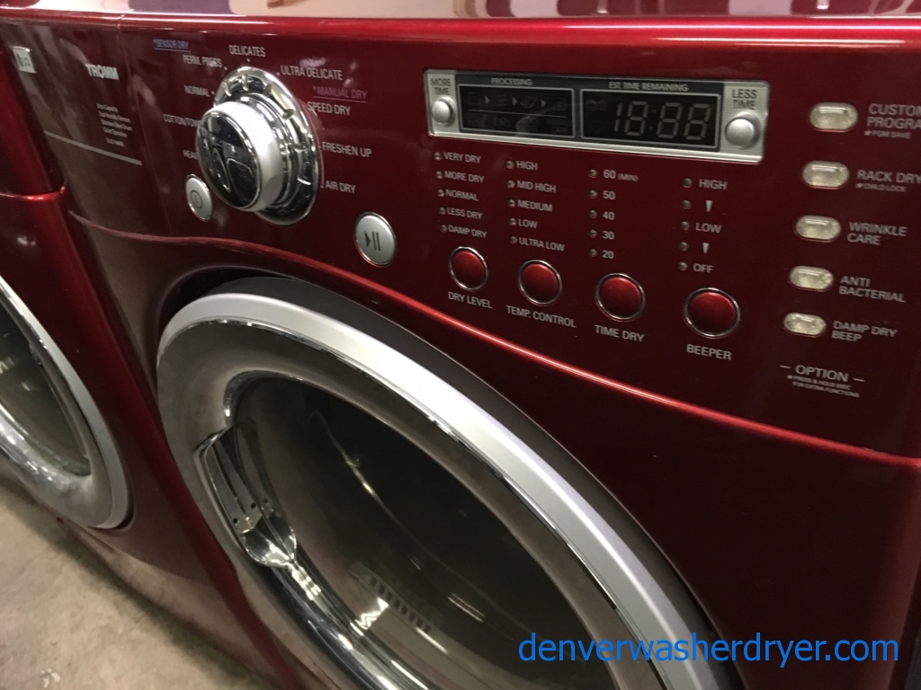 27″ Wild Cherry Colored LG Front-Load Stackable Direct-Drive HE Steam-Washer with Sanitary Cycle & *GAS* Dryer, 1-Year Warranty