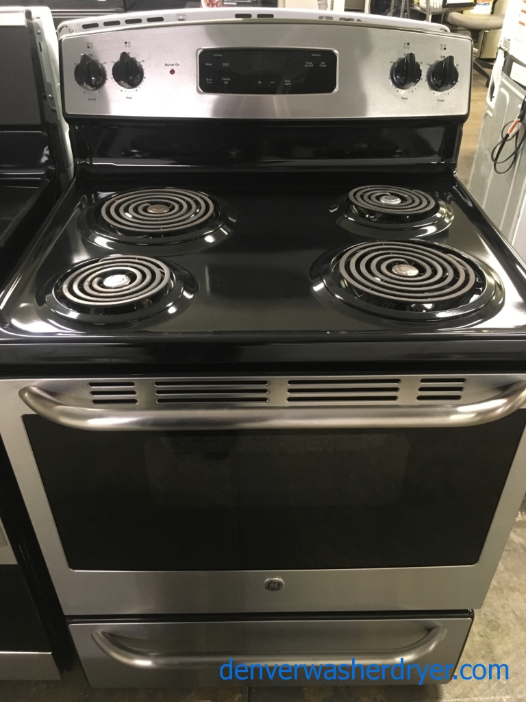 Great GE 30″ Range, Free-Standing, Black/Stainless, 220V, Capacity 5.0 Cu.Ft., Quality Refurbished, 1-Year Warranty!