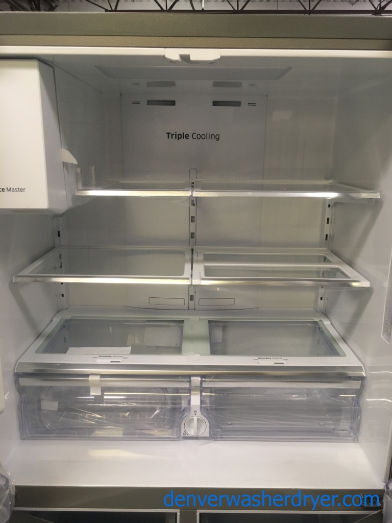 NEW!! Samsung French Refrigerator, Flawless, Counter Depth, 4 Door, Stainless, Samsung Slide In Gas Range, Stainless, Samsung Dishwasher Stainless Steel, Samsung Gallery Chef Stainless Steel Microwave,1-Year Warranty!