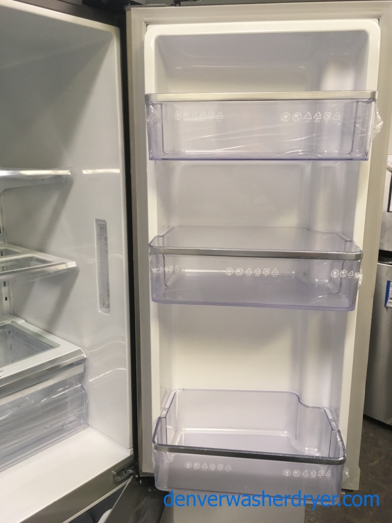 NEW!! Samsung French Refrigerator, Flawless, Counter Depth, 4 Door, Stainless, Samsung Slide In Gas Range, Stainless, Samsung Dishwasher Stainless Steel, Samsung Gallery Chef Stainless Steel Microwave,1-Year Warranty!