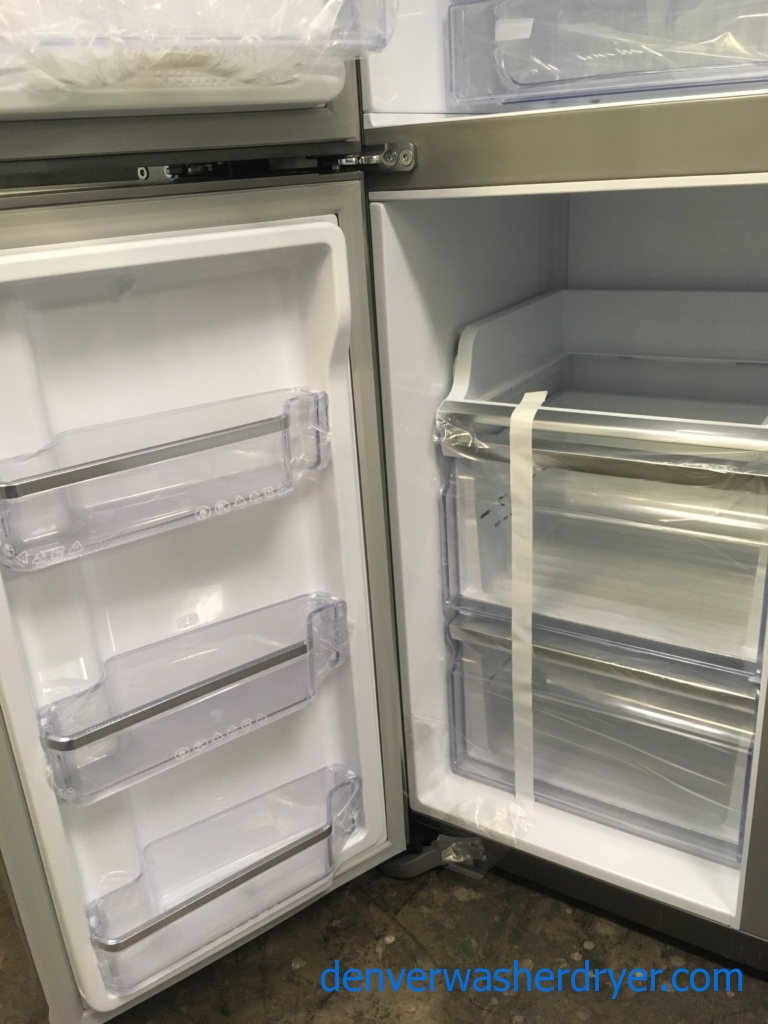 NEW!! Samsung French Refrigerator, Flawless, Counter Depth, 4 Door, Stainless, Samsung Slide In Gas Range, Stainless, Samsung Dishwasher Stainless Steel, Samsung Gallery Chef Stainless Steel Microwave,1-Year Warranty!