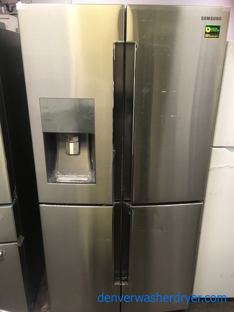 NEW!! Samsung French Refrigerator, Flawless, Counter Depth, 4 Door, Stainless, Samsung Slide In Gas Range, Stainless, Samsung Dishwasher Stainless Steel, Samsung Gallery Chef Stainless Steel Microwave,1-Year Warranty!