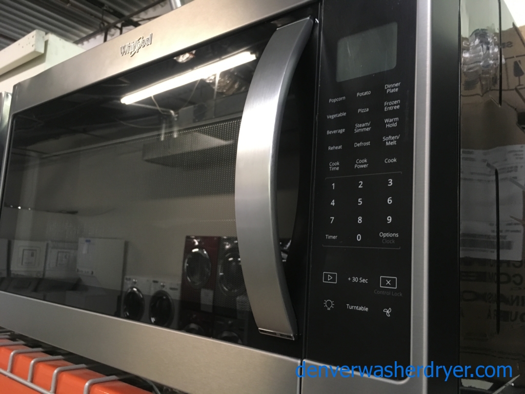 Modern Whirlpool Stainless Microwave, Over the Range, Sensor Cooking, w/ Rack, Capacity 2.1 Cu.Ft., 1-Year Warranty!