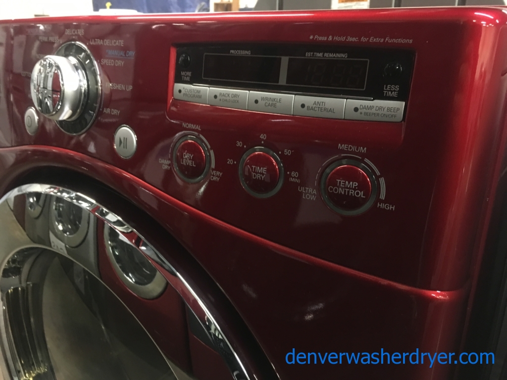 LG Wild Cherry Red Front-Load Dryer, 220V, Sanitary and Wrinkle Care Options, Quality Refurbished, 1-Year Warranty!