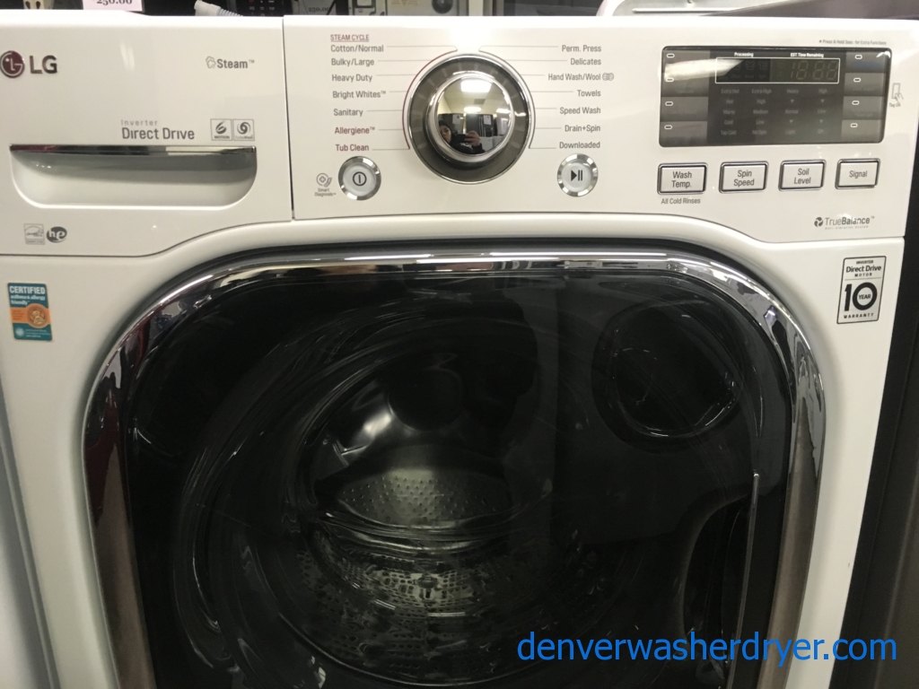 NEW!! LG Steam Washer, White, Stainless Drum, HE, Allergenie and Sanitary Features, 1-Year Warranty!