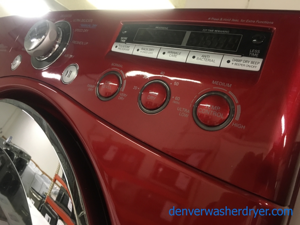 Great LG Wild Cherry Red Dryer, Electric, HE, 7.3 Cu.Ft. Capacity, Stainless Drum, Electric, Sanitary, Quality Refurbished, 1-Year Warranty!