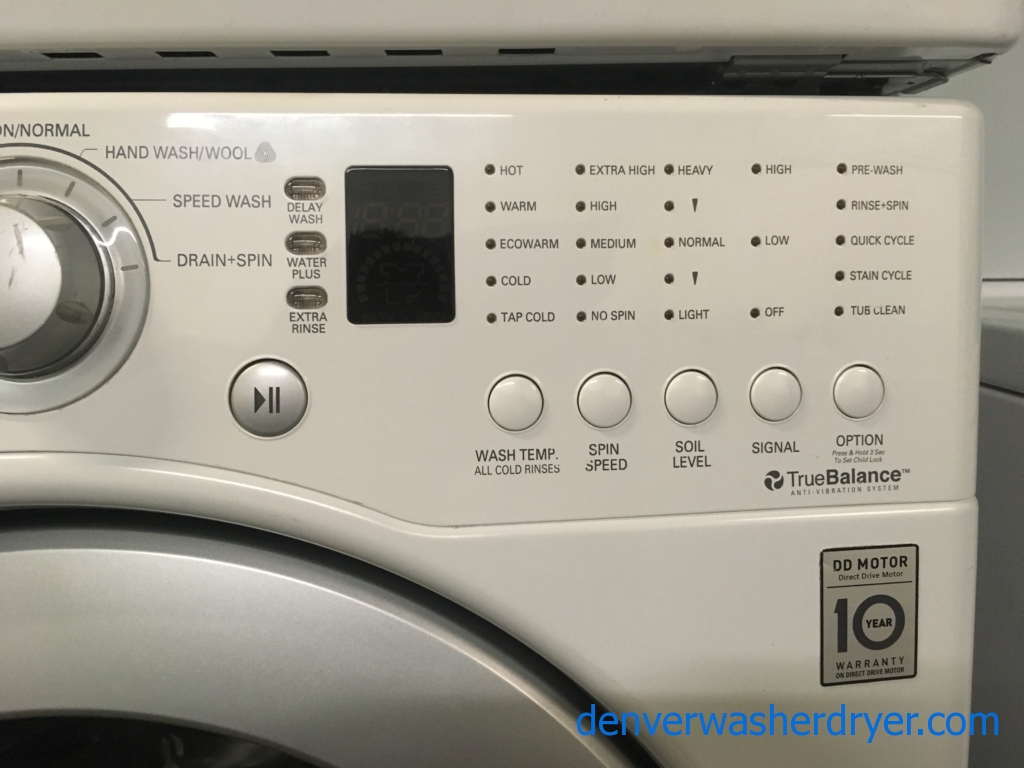 Great LG White Washer and Dryer Set, HE, Water Plus Option, 220V, Stackable, Sense Dry, Wrinkle Care, Quality Refurbished, 1-Year Warranty!