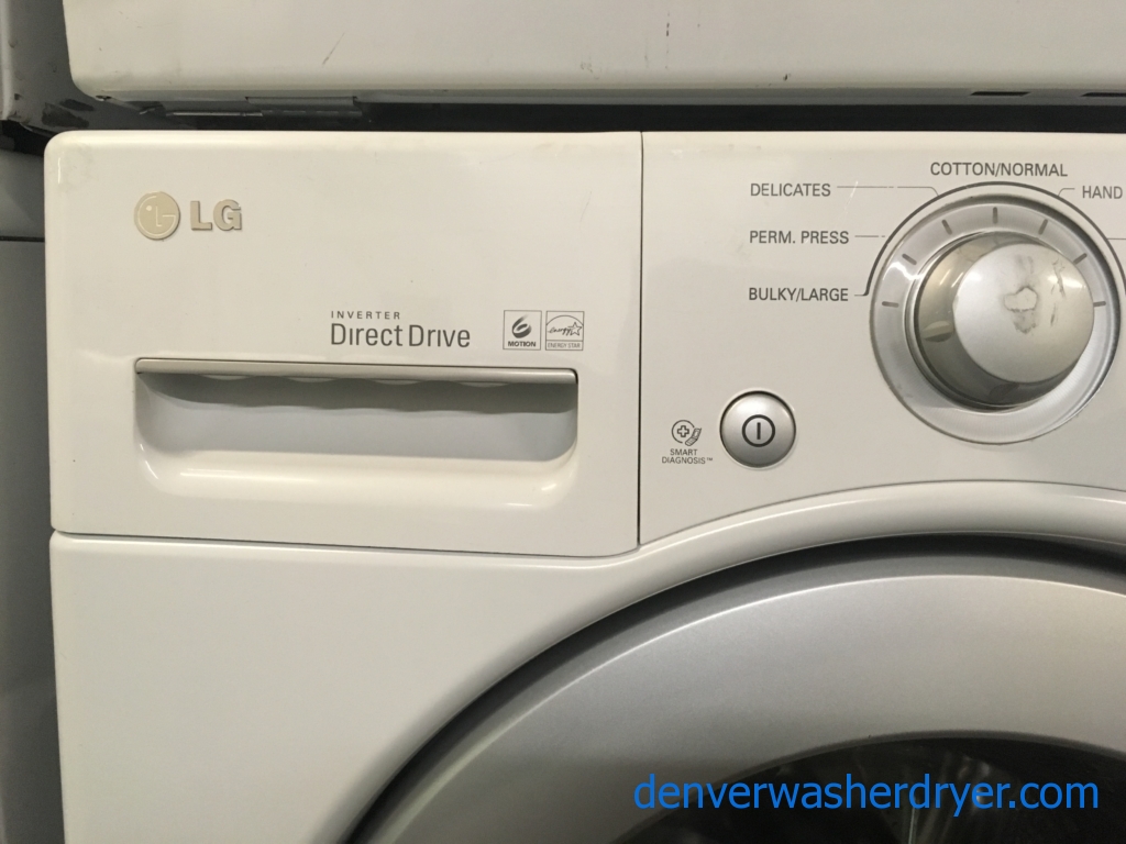 Great LG White Washer and Dryer Set, HE, Water Plus Option, 220V, Stackable, Sense Dry, Wrinkle Care, Quality Refurbished, 1-Year Warranty!