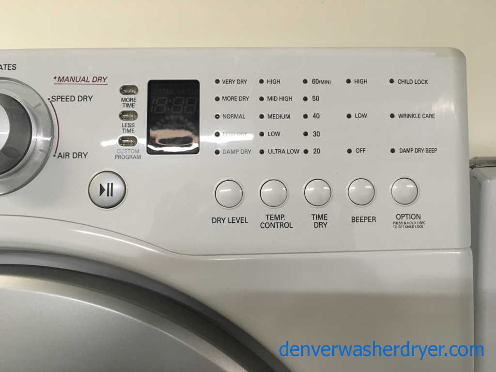Great LG White Washer and Dryer Set, HE, Water Plus Option, 220V, Stackable, Sense Dry, Wrinkle Care, Quality Refurbished, 1-Year Warranty!