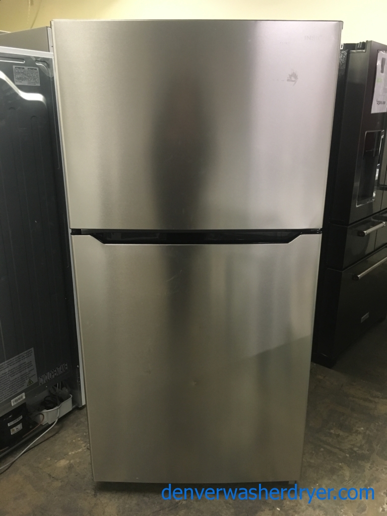 NEW!! Insignia Top-Mount Refrigerator, Stainless fridge and Great GE 30″ Range, Free-Standing, Black/Stainless, 220V, Capacity 5.0 Cu.Ft., Quality Refurbished, 1-Year Warranty!