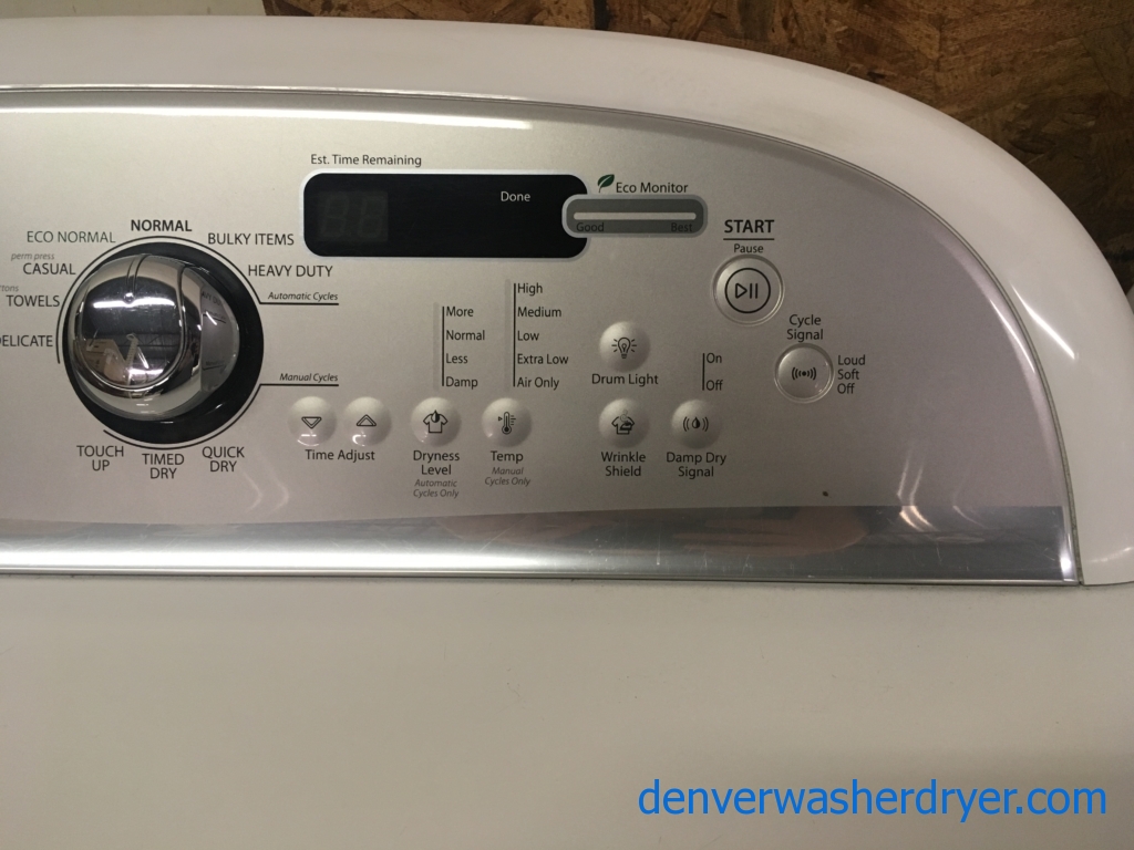 Wonderful Whirlpool Cabrio Dryer, 29″ Wide, Wrinkle Shield, Capacity 7.6 Cu.Ft., 220V, Quality Refurbished, 1-Year Warranty!