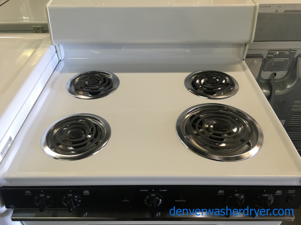 Lightly Used! GE Range, White, 220V, 4 Burners, Storage Drawer, Capacity 5.0 Cu.Ft., Quality Refurbished, 1-Year Warranty!