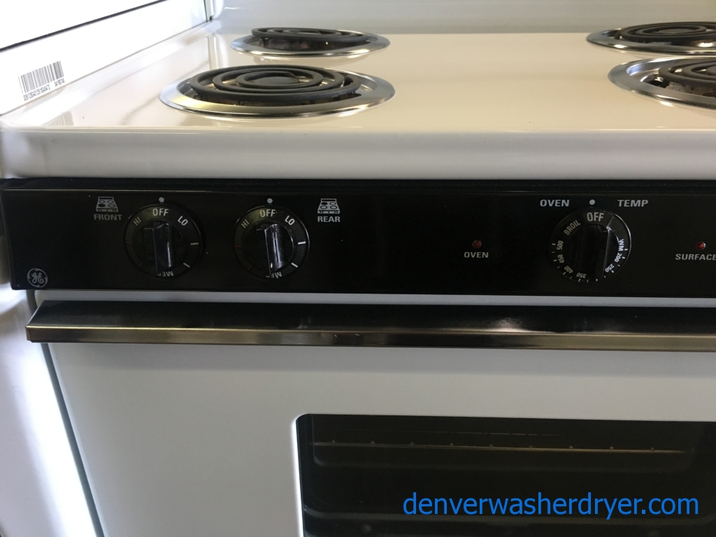 Lightly Used! GE Range, White, 220V, 4 Burners, Storage Drawer, Capacity 5.0 Cu.Ft., Quality Refurbished, 1-Year Warranty!