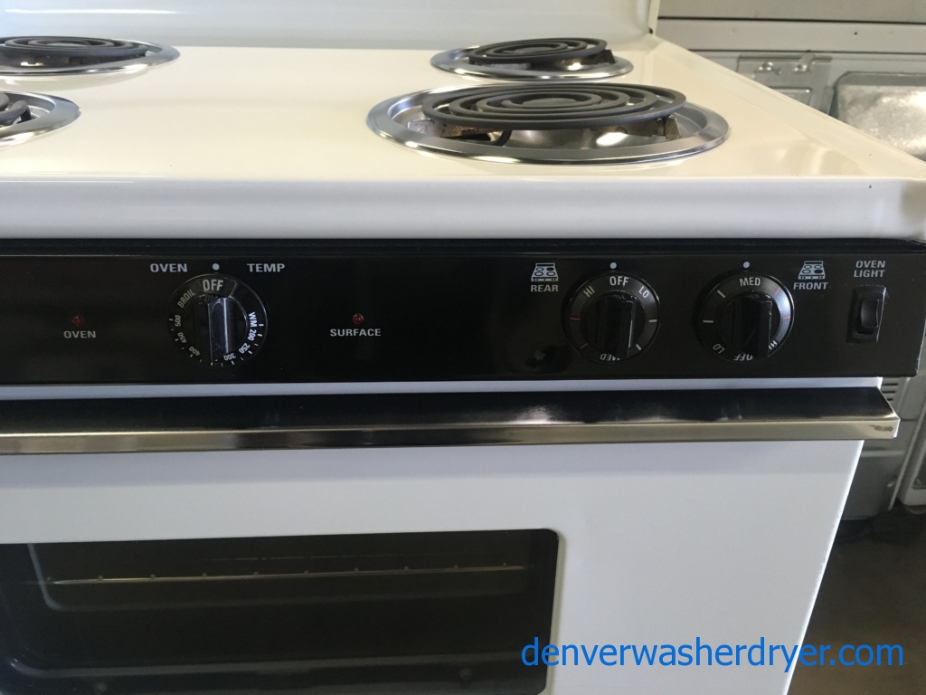 Lightly Used! GE Range, White, 220V, 4 Burners, Storage Drawer, Capacity 5.0 Cu.Ft., Quality Refurbished, 1-Year Warranty!