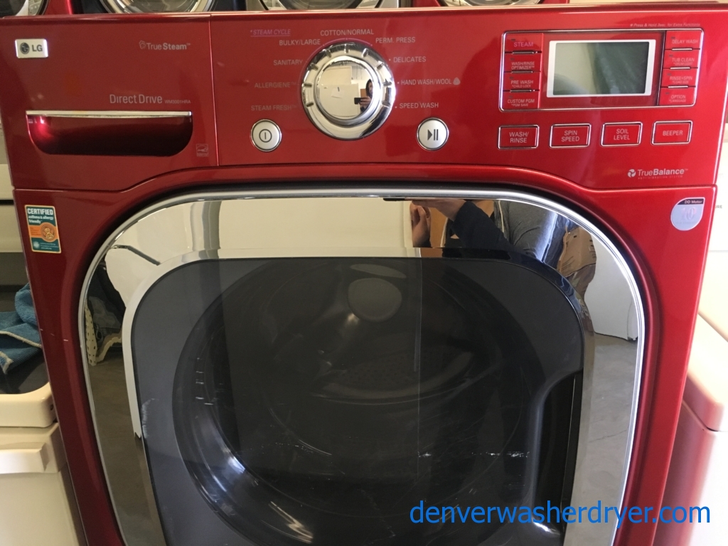 LG Cherry Red Front-Load Washer, Steam, HE, Capacity 4.5 Cu.Ft., Sanitary and Allergiene Cycles, w/Pedestals, Quality Refurbished, 1-Year Warranty!