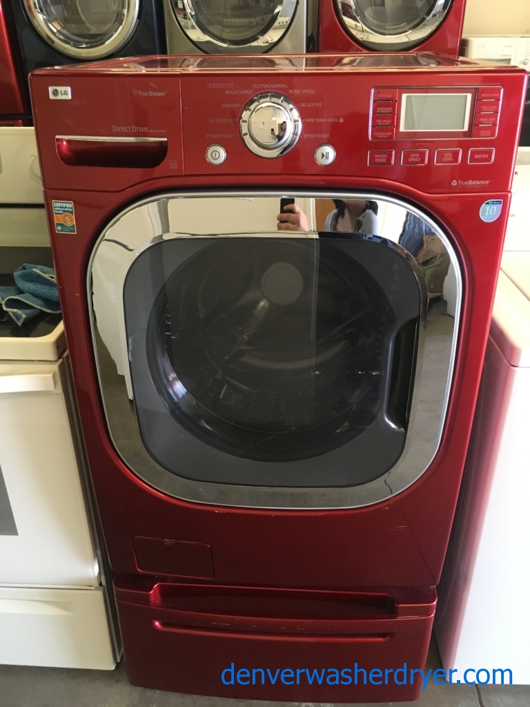LG Cherry Red Front-Load Washer, Steam, HE, Capacity 4.5 Cu.Ft., Sanitary and Allergiene Cycles, w/Pedestals, Quality Refurbished, 1-Year Warranty!