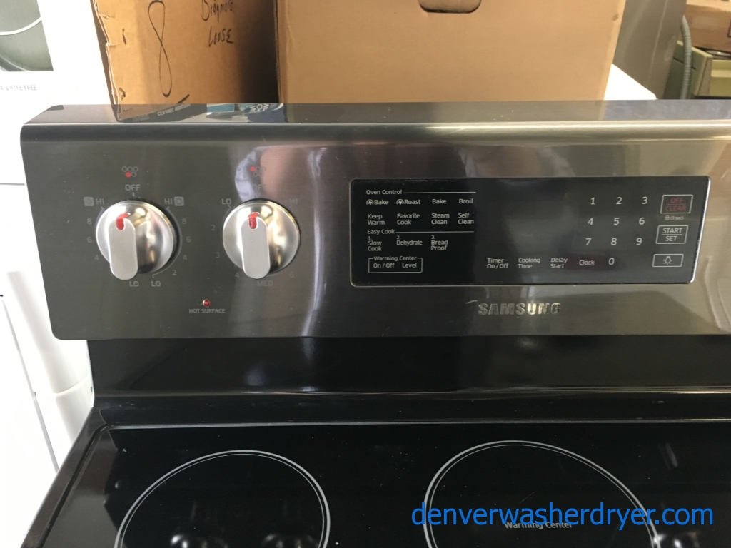 Newer SAMSUNG Range, Electric, Black Stainless, 4 Burner, Warming Zone, Steam/Self Cleaning, Quality Refurbished, 1-Year Warranty!
