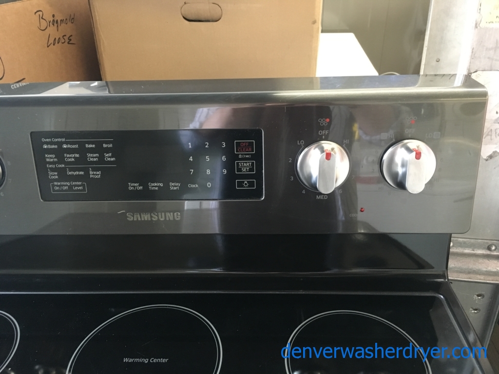 Newer SAMSUNG Range, Electric, Black Stainless, 4 Burner, Warming Zone, Steam/Self Cleaning, Quality Refurbished, 1-Year Warranty!