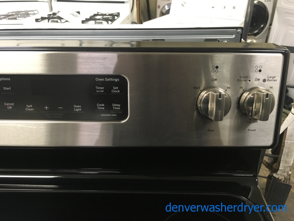 Newer GE Glass-Top Range, Stainless, 4 Burners, Dual Element, Automatic Oven, Storage Drawer, Self-Clean, Quality Refurbished, 30-Day Warranty