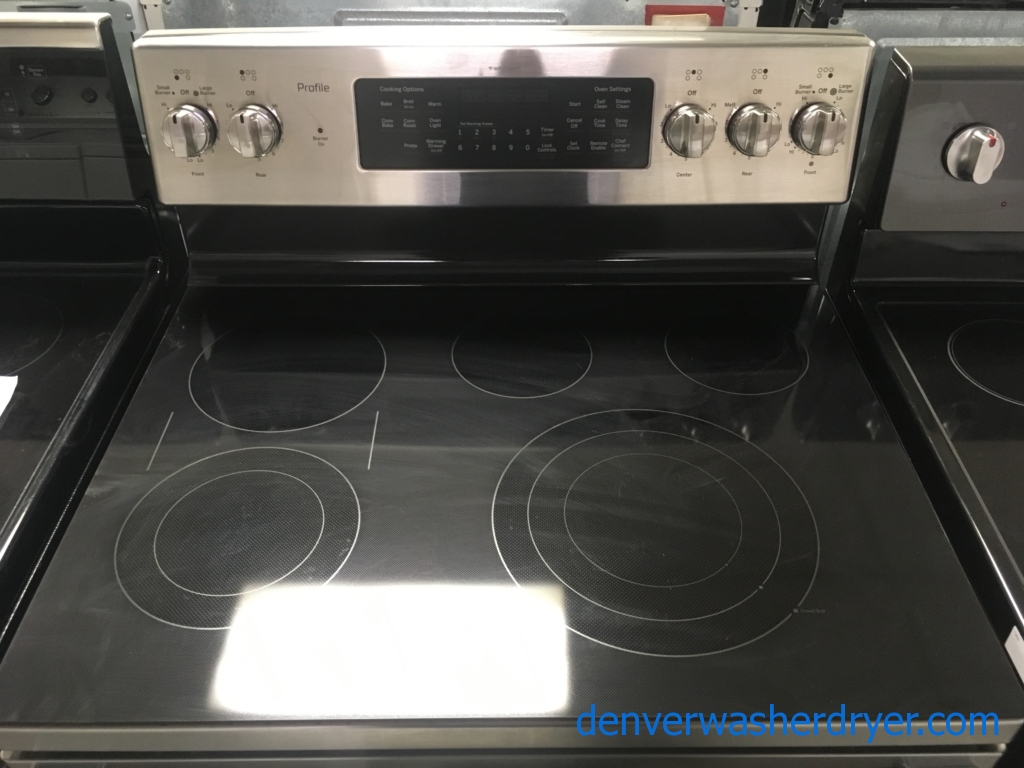 GE Stainless Range, Glass-Top, 5 Burners, Convection Oven, Self and Steam Clean, 5.3 Cu.Ft. Capacity, Quality Refurbished, 1-Year Warranty!