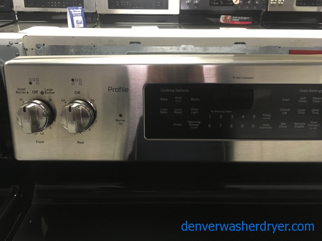 GE Stainless Range, Glass-Top, 5 Burners, Convection Oven, Self and Steam Clean, 5.3 Cu.Ft. Capacity, Quality Refurbished, 1-Year Warranty!