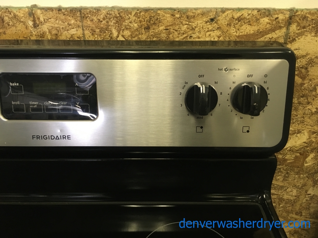 Stainless Frigidaire Range, Electric, Glass-Top, 4 Burners, 30″ Wide, Storage Drawer, Quality Refurbished, 1-Year Warranty!