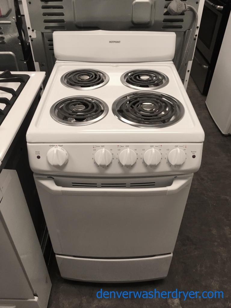 Free-Standing White Hotpoint Range, Electric, 4 Coil Burners, 20″ Wide, Dual Element, Quality Refurbished, 1-Year Warranty!