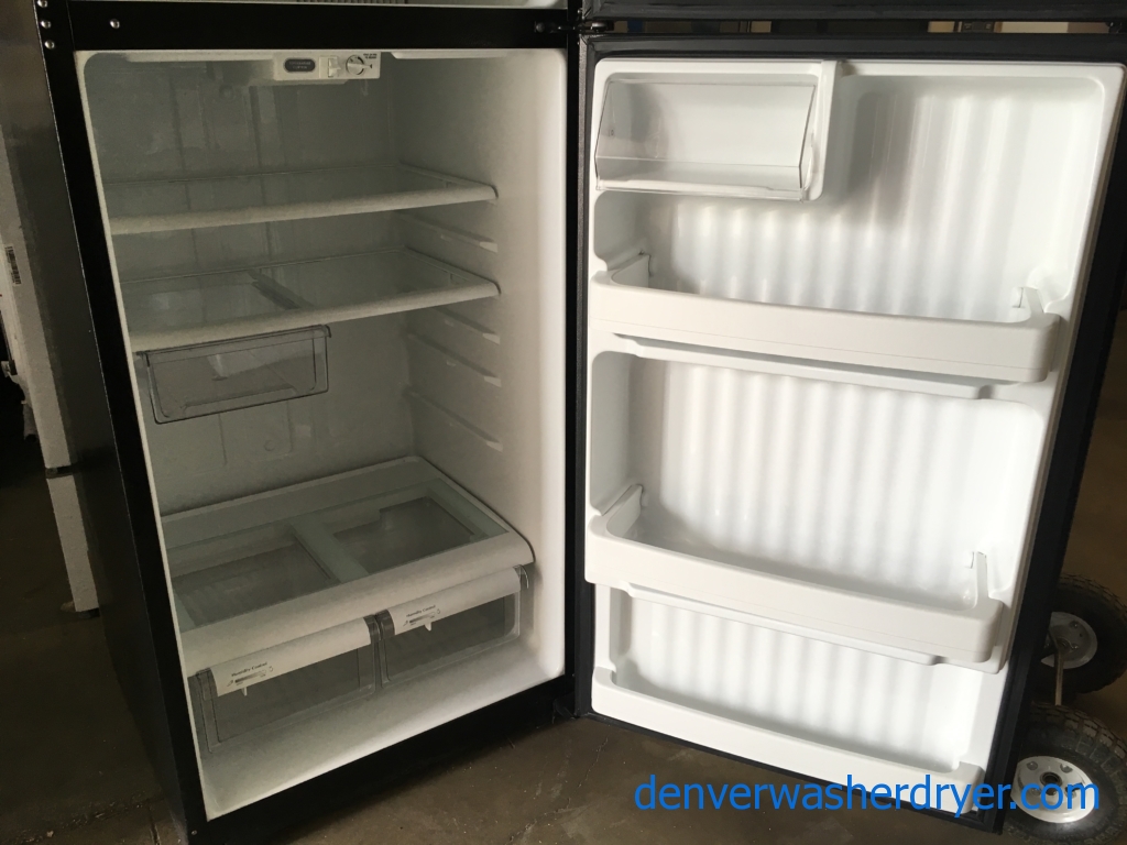Nice GE Top-Mount Refrigerator, Black Textured, 18.0 Cu.Ft. Capacity, Humidity Control Crispers, 28″ Wide, Quality Refurbished, 1-Year Warranty!