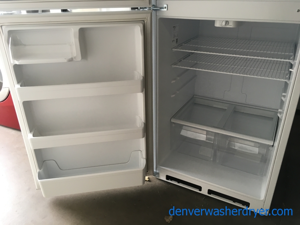 Lightly Used Haier Top-Mount Refrigerator, White Textured, 18.1 Cu.Ft. Capacity, 30″ Wide, Quality Refrubished, 1-Year Warranty!