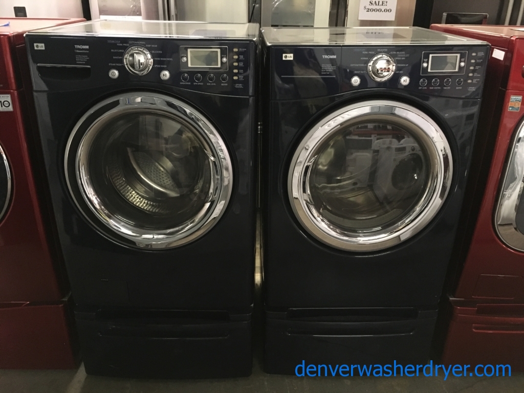 LG Navy Blue Front-Load Set, HE, w/ Pedstals, Steam, Sanitary and Anti-Bacterial Cycles, 220V, Wrinkle Care Option, Quality Refurbished, 1-Year Warranty!