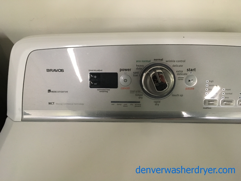 Maytag Bravos MCT Dryer, 27″ Wide, 220V, 7.4 Cu.Ft. Capacity, Sanitize Cycle, Wrinkle Prevent Option, Quality Refurbished, 1-Year Warranty!